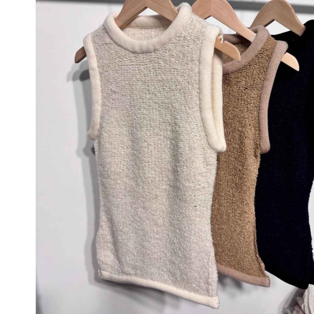 STAUD Neutral Cream Textured Sleeveless Crew Neck Sweater - Picture 6 of 8